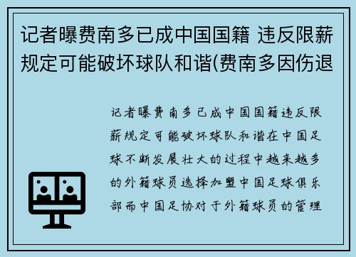 记者曝费南多已成中国国籍 违反限薪规定可能破坏球队和谐(费南多因伤退出国足集训)