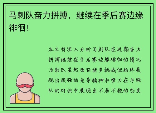 马刺队奋力拼搏，继续在季后赛边缘徘徊！