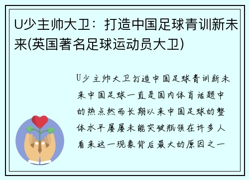 U少主帅大卫：打造中国足球青训新未来(英国著名足球运动员大卫)