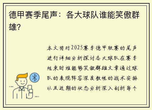 德甲赛季尾声：各大球队谁能笑傲群雄？