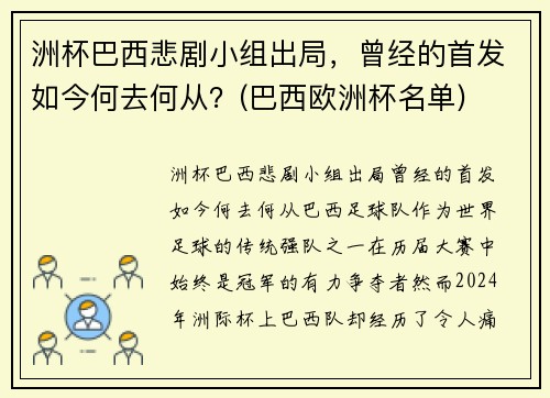 洲杯巴西悲剧小组出局，曾经的首发如今何去何从？(巴西欧洲杯名单)