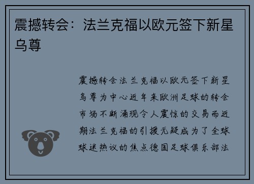 震撼转会：法兰克福以欧元签下新星乌尊