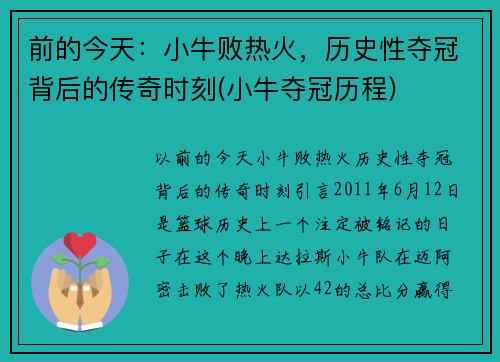 前的今天：小牛败热火，历史性夺冠背后的传奇时刻(小牛夺冠历程)