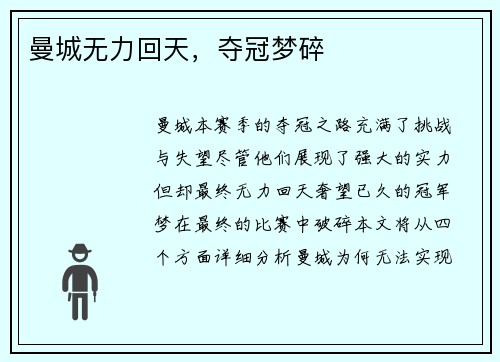 曼城无力回天，夺冠梦碎