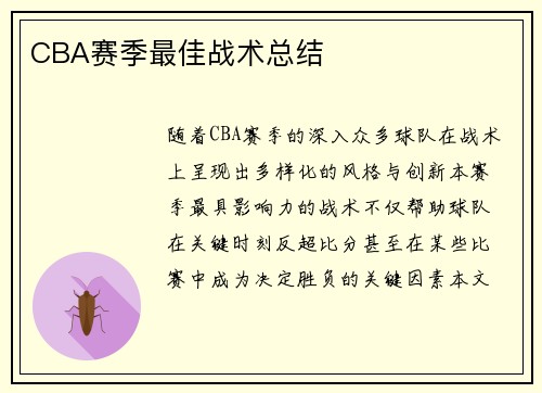 CBA赛季最佳战术总结