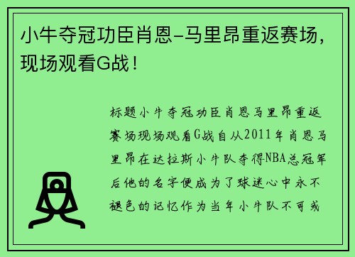 小牛夺冠功臣肖恩-马里昂重返赛场，现场观看G战！